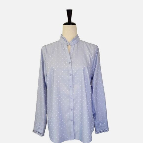 Chico's Blue Dot Ruffle Detail No Iron Long Sleeve Button Down Shirt Size 8/10 - Picture 1 of 8